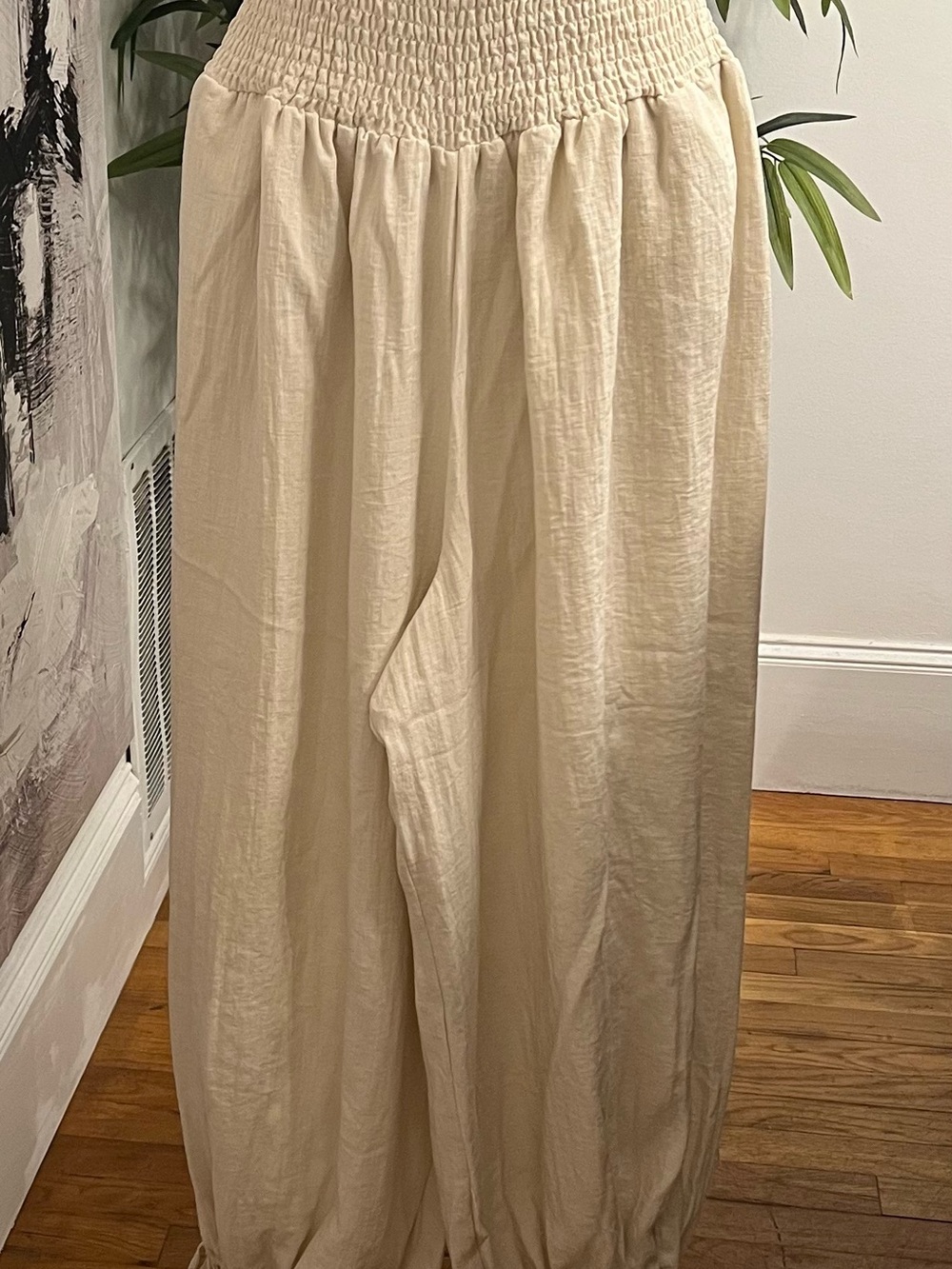 Zara Cream Smocked Waist Wide-Leg Joggers